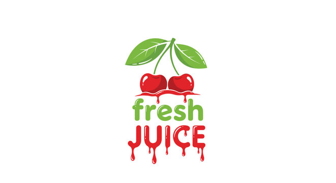 Fresh cherry juice dripping text typography logo with two sweet red cherries on stem with green leaves vector.