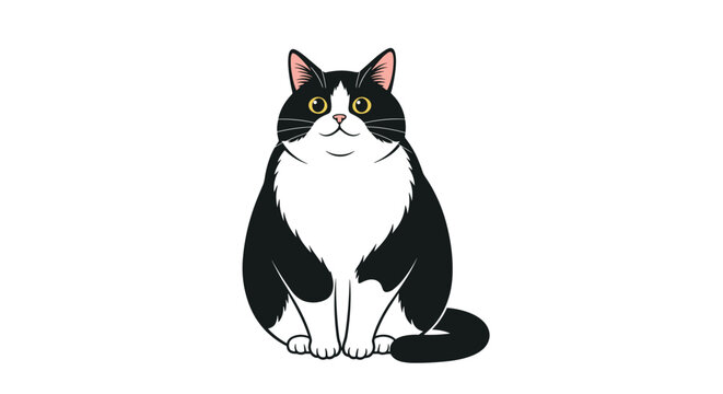 Adorable chubby black and white tuxedo cat sitting calmly looking forward vector illustration isolated on white.