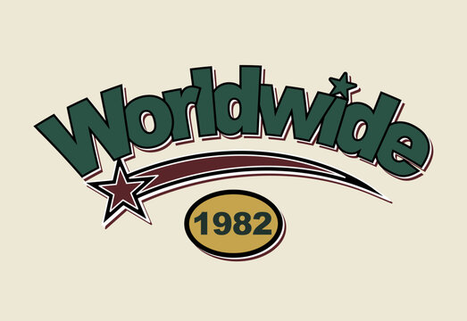 Retro vintage Worldwide 1982 typography design with shooting star. Vector college style graphic print for t-shirt, apparel, streetwear and poster.