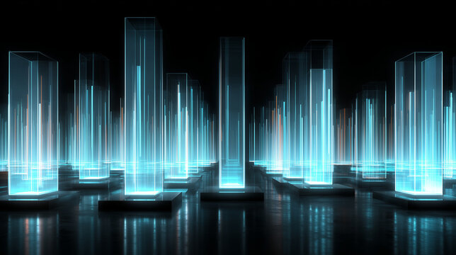 Neon-lit glass prisms rising from illuminated square platforms on a reflective black floor at night as a data grid