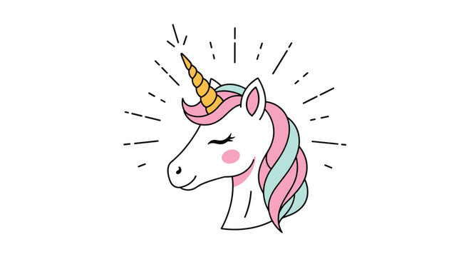 Lovely unicorn head with a pastel green and pink mane and golden horn shining with rays on a white background.