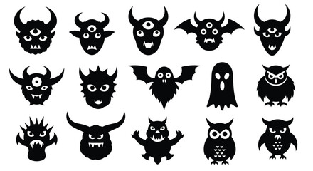 Fototapeta premium Collection of black spooky monster faces, flying bats, ghosts, and owl silhouettes for Halloween decoration.