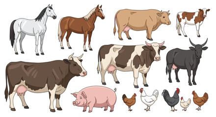 Obraz premium Farm animals illustration set featuring white and brown horses, dairy cows, a pink pig, and several chickens.