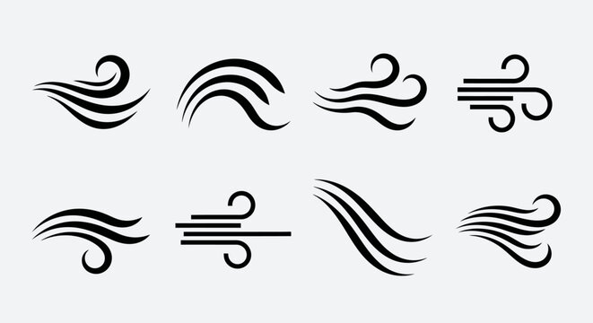Set of abstract wind and air flow icons in a simple flat design.
