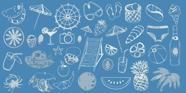 Summer themed Sketch Illustrations On Blue Background