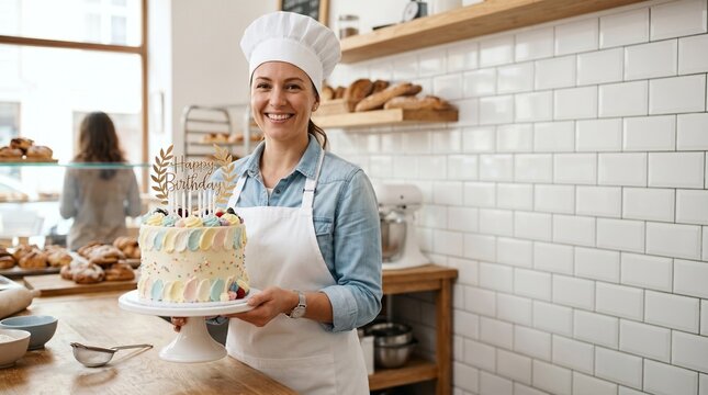 Female baker smiling while holding a cake in a bakery  