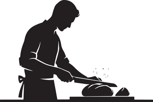 Silhouette of a man slicing bread with a knife