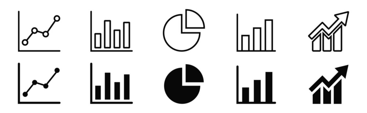 Business chart and graph icons set line and glyph style. Vector analytics data financial statistics pie chart and growth diagram.