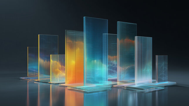 Futuristic staggered translucent holographic panels glowing on reflective floor in dark minimalist studio