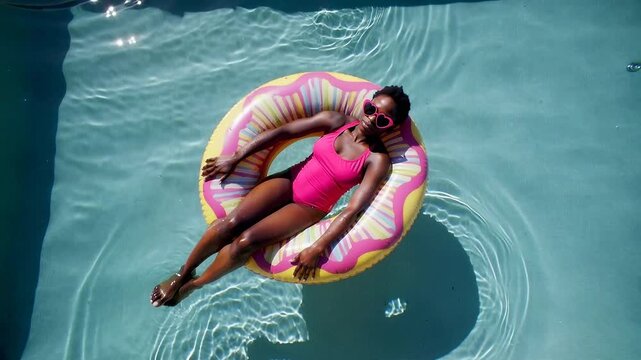 Floating on a colorful ring in the pool while enjoying a sunny afternoon in the backyard