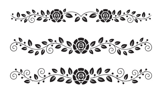 Set of black floral dividers with rose elements and leafy vines on transparent background design.