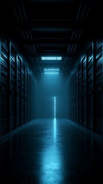 Dark Computer Room with Glowing Optical Storage Unit and Blue Ambient Light