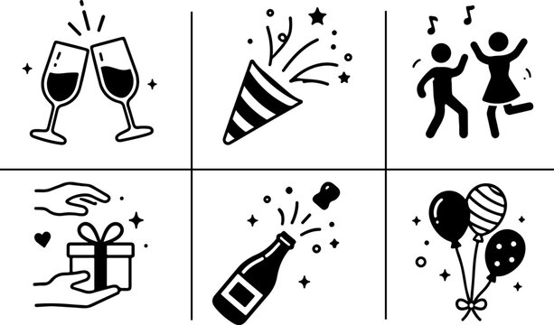Modern glyph celebration icon set featuring party poppers, dancing figures, champagne, gift boxes and balloons for festive events and special occasions. Vector illustration.