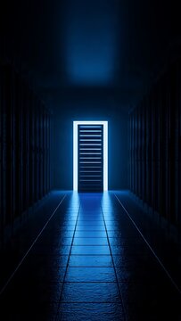 Dark Computer Room with Glowing Optical Storage Unit and Blue Ambient Light