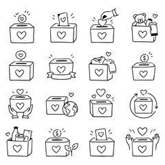 Obraz premium Heartfelt Donations Doodle Collection. Hand drawn symbols illustrating diverse acts of contribution. Featuring monetary aid, material goods, and global support, representing generosity.