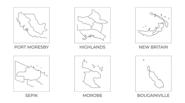 Papua New Guinea Regions Outline Maps Collection: Port Moresby, Highlands, New Britain