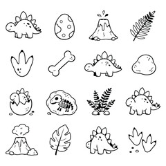 Cute Dinosaur World Outline Collection. This delightful illustration captures childhood wonder. Discover playful prehistoric adventure with friendly dinosaurs, eggs, tracks, bones, and jungle flora. © Lull