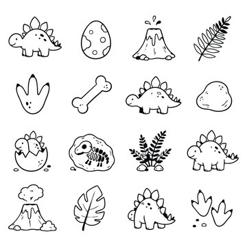 Cute Dinosaur World Outline Collection. This delightful illustration captures childhood wonder. Discover playful prehistoric adventure with friendly dinosaurs, eggs, tracks, bones, and jungle flora.