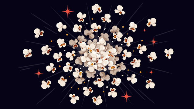 Radial popcorn burst with butter droplets and salt flecks &ndash; Suitable for snack food packaging, film festival banners, or family night ads.