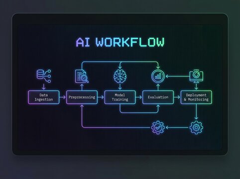 AI workflow diagram on digital screen showing machine learning data ingestion and deployment process
