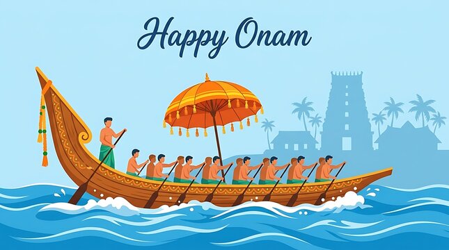 Happy onam festival illustration with traditional snake boat race and temple