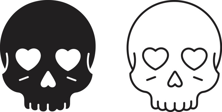 Skull, vector icon collection with heart-eye expressions, playful cartoon skulls, and love-themed eye shapes in minimalist flat style suitable for tattoo art, apparel design, 