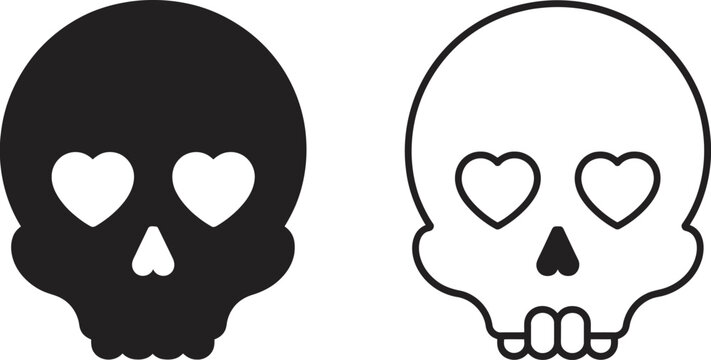 Skull icon set featuring stylized skulls with heart-shaped eyes in clean vector illustration style, combining cute and edgy aesthetics ideal for stickers, fashion graphics, and alternative design 