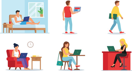 Fototapeta premium Set of diverse people working on laptops in various settings like home, cafe, and office workspace illustration