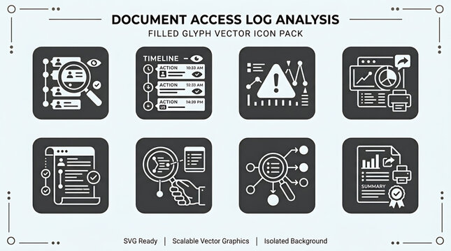 Document access log analysis with security icons and graphs on screen
