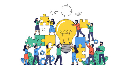 Collaborative Teamwork Solving Business Problems Vector Illustration of People Putting Together Puzzle Pieces Around a Light Bulb © DOLARRIZ JHON