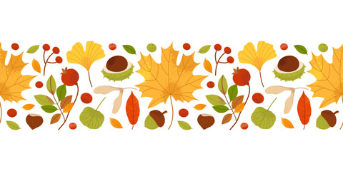 Autumn seamless border with colorful leaves, berries, acorns and chestnuts. Seasonal autumn design, botanical baner. Flat vector illustration. © Nataliia Vyshnytska