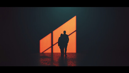 Fototapeta premium Couple stands in silhouette before a glowing orange window frame that casts geometric light patterns across the dark floor of an interior room providing a moody and cinematic atmosphere.