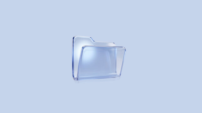 Glossy 3D transparent blue glass folder icon, file storage and document management concept on light blue background