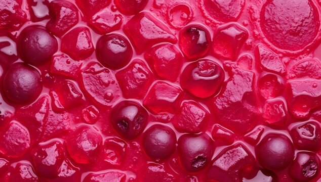 Close-up Macro Shot of Vibrant Red Cranberries in Syrup.