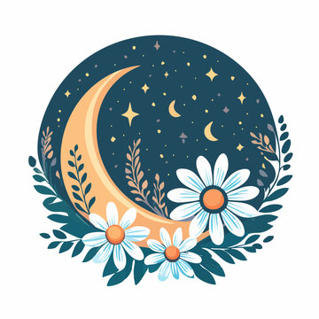 Stylized moon with flowers and stars on a dark background