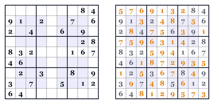 Sudoku puzzle grids featuring numbered squares and solutions  