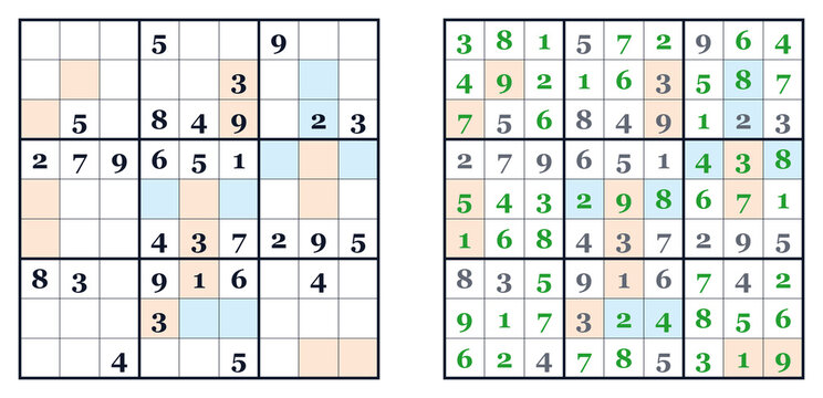 Sudoku puzzle solved with even and odd numbers highlighted  