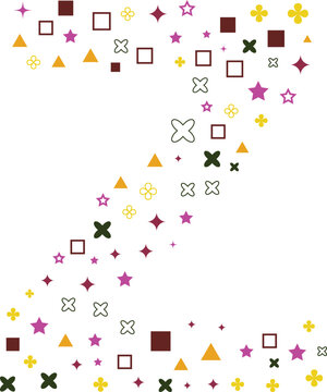 Abstract pattern of a letter Z colorful geometric shapes stars squares and crosses arranged in a diagonal flow