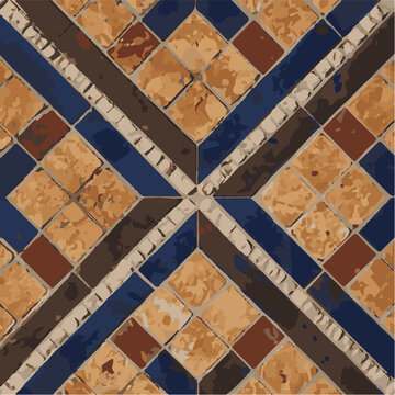 the patterns on vintage floor . Old rusty vintage worn shady patchwork motif tiles stone concrete cement wall texture background
