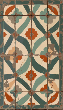 the patterns on vintage floor . Old rusty vintage worn shady patchwork motif tiles stone concrete cement wall texture background