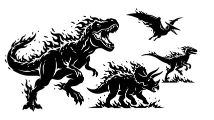 Dinosaur Silhouette Set with Fire Flames Vector Illustration © Stock Master 