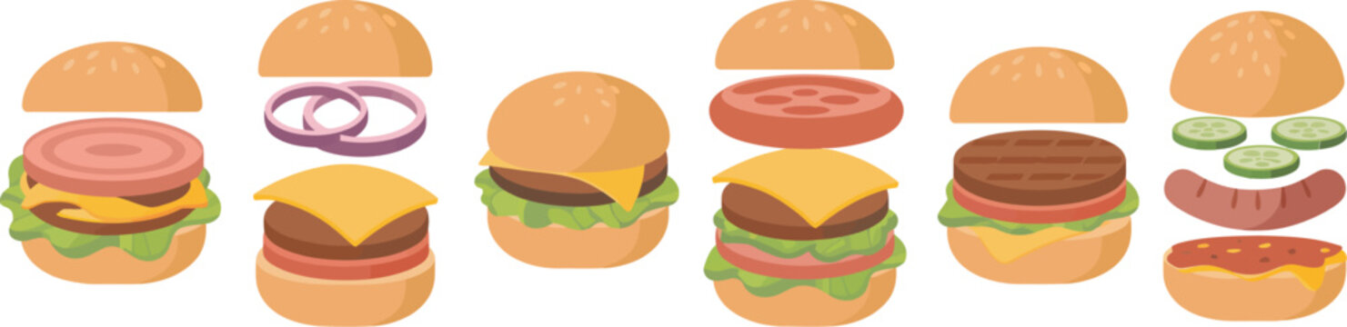 Burger ingredients, vector set featuring classic fast food components including bun halves, beef cutlet, cheese slice, bacon, sauce, tomato, onion, cucumber, and ham in clean isolated illustration 