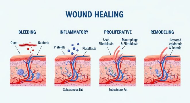Medical Infographic Illustrating the Four Stages of Wound Healing: Bleeding, Inflammatory, Proliferative, and Remodeling