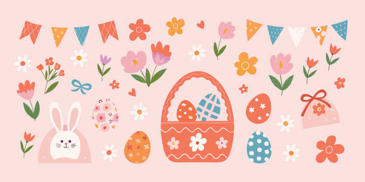 Floral ornament with easter eggs and bunny pastel pink vector illustration