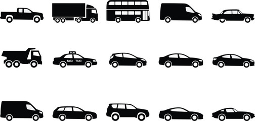 Set of side view vehicle silhouettes and transport flat vector icons including cars trucks and public buses isolated on white background © MDMEHEDI