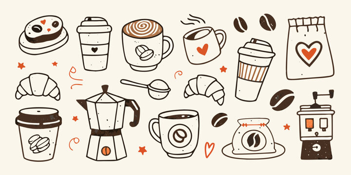 Coffee related Items And Pastries Hand drawn Vector Illustration