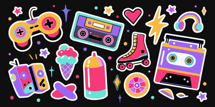Nostalgic Items Illustration Featuring Game Controller Cassette Tapes And Roller Skate