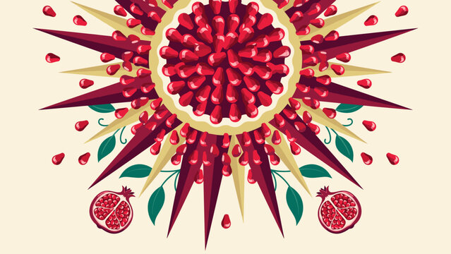 Pomegranate halves and seeds forming a sunburst pattern &ndash; Perfect for health and wellness advertising, exotic fruit marketing, or juice packaging design.