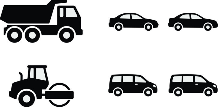 Vector silhouettes of heavy construction machinery and passenger cars including dump truck road roller sedan and minivan isolated on white background