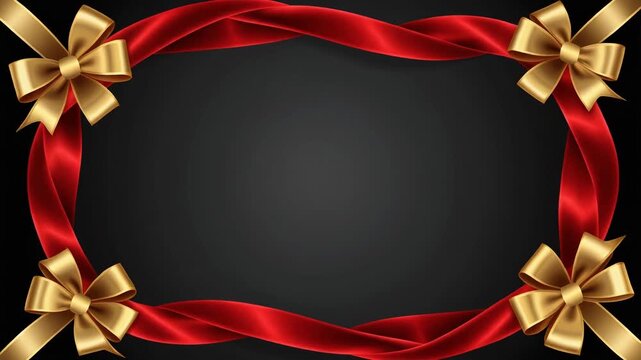 Elegant Red Satin Ribbon Frame Layout with Luxury Golden Bows on Dark Textured Surface.